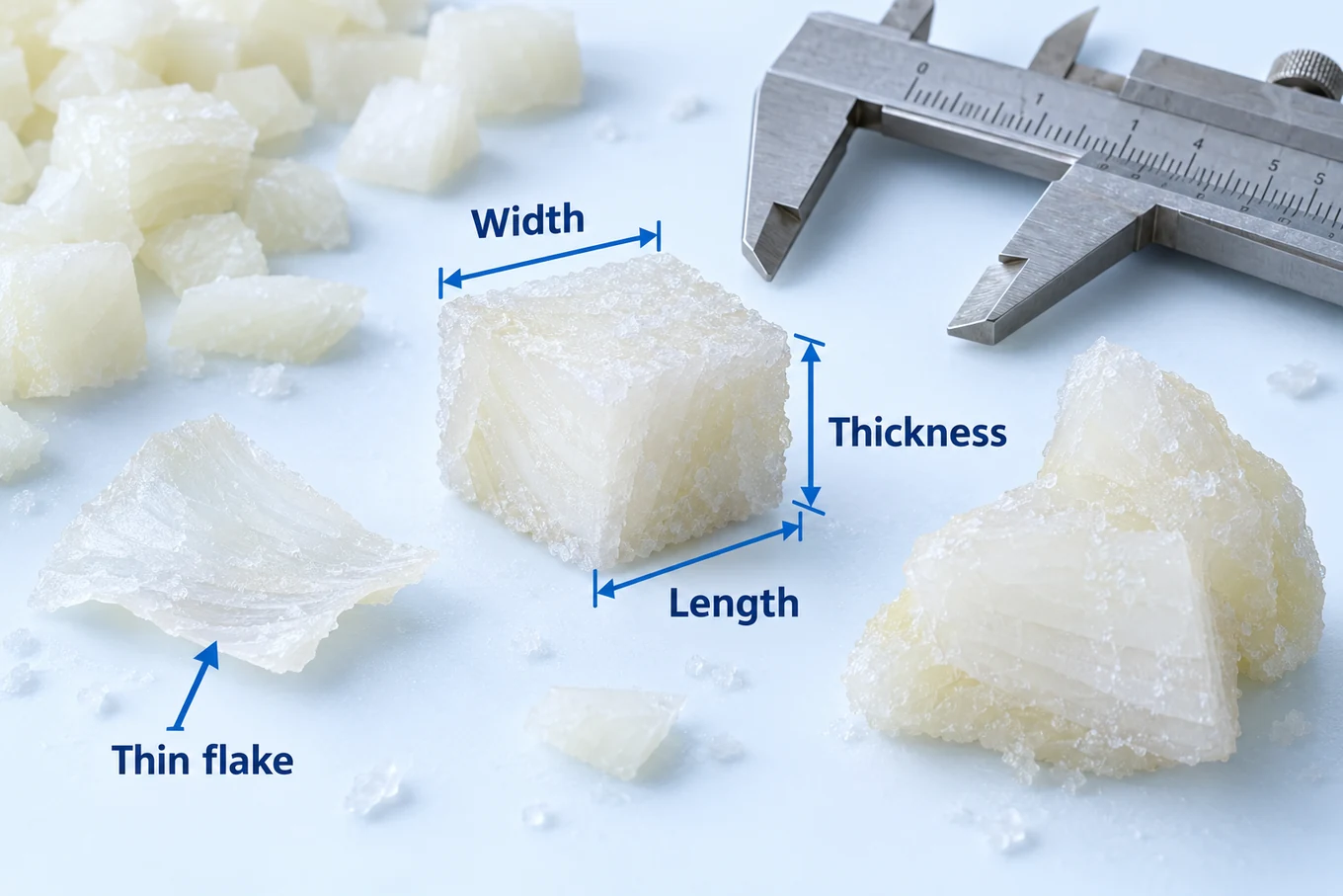 Three dimensions of a frozen onion piece Frozen onion piece with width, length and thickness arrows beside a caliper and thin flake