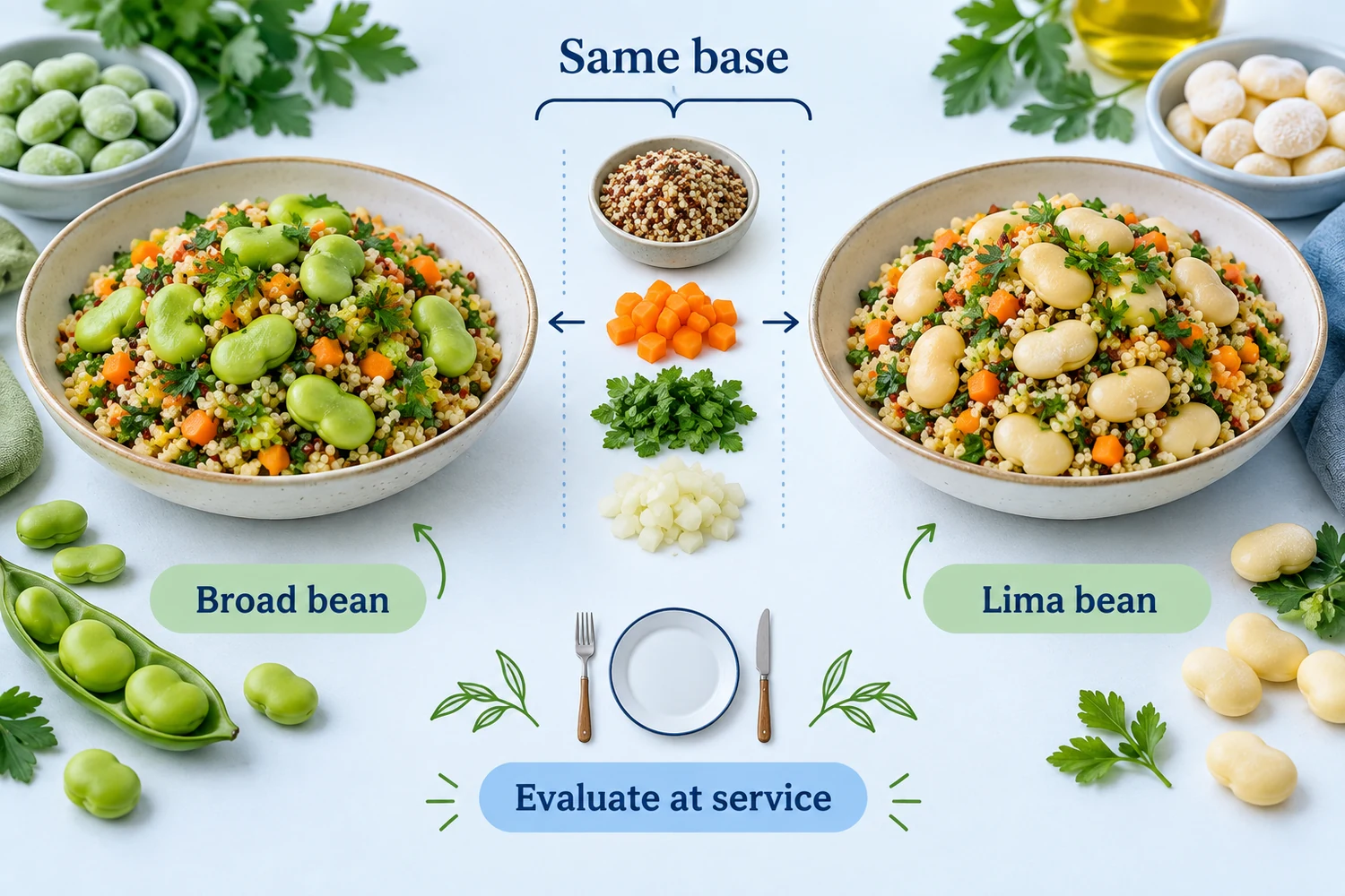 Ilustración de platos iguales de cereales y verduras con habas en un recipiente y judías de Lima en el otro