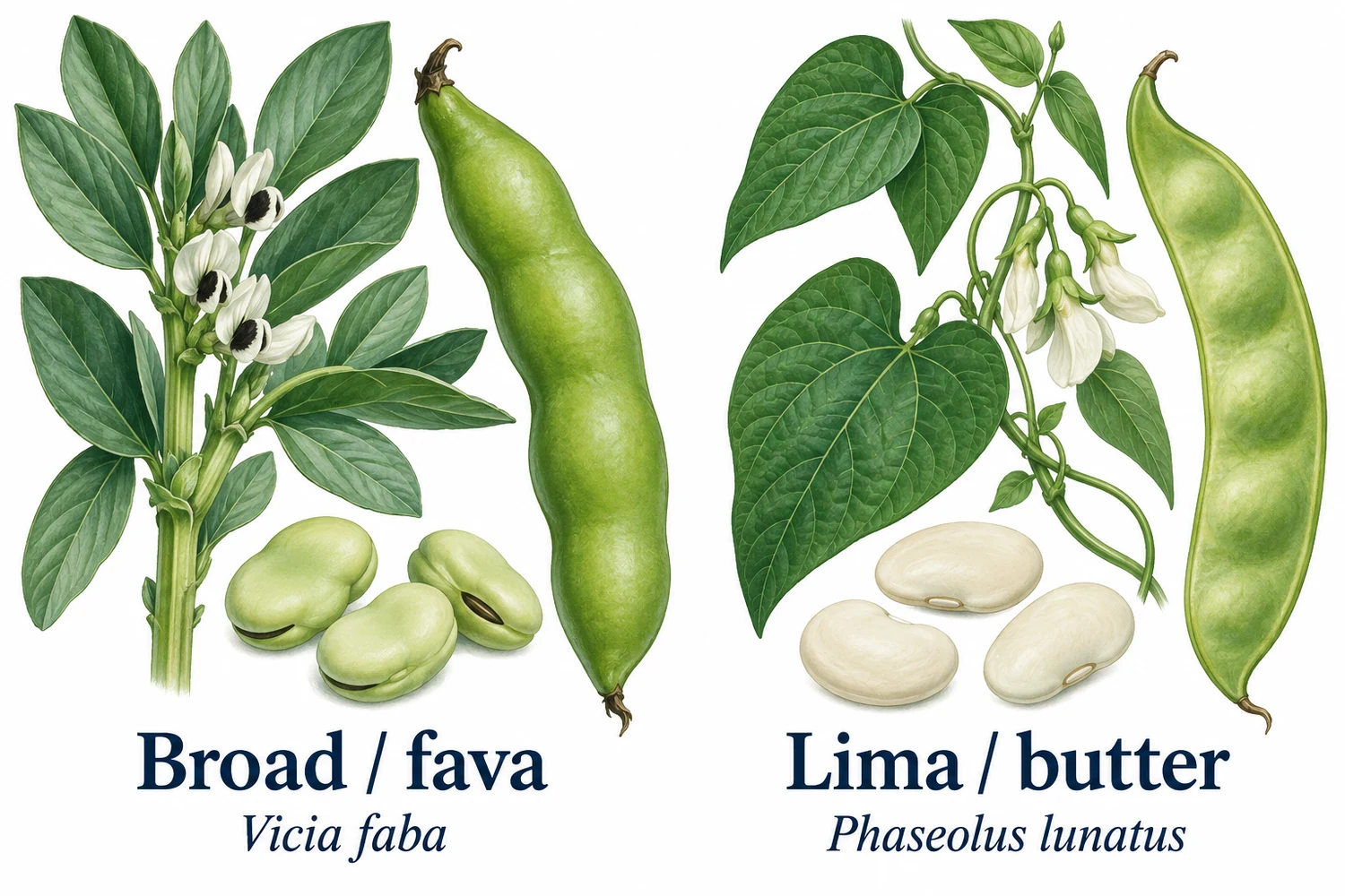 Ilustración de planta y vaina de haba junto a planta y vaina de judía de Lima, cada una con su nombre de especie