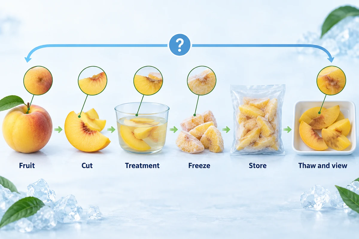 Etapas anteriores a la revisión del color del melocotón congelado Fruta de melocotón, corte, tratamiento, congelación, almacenamiento y observación tras la descongelación en una secuencia conceptual.