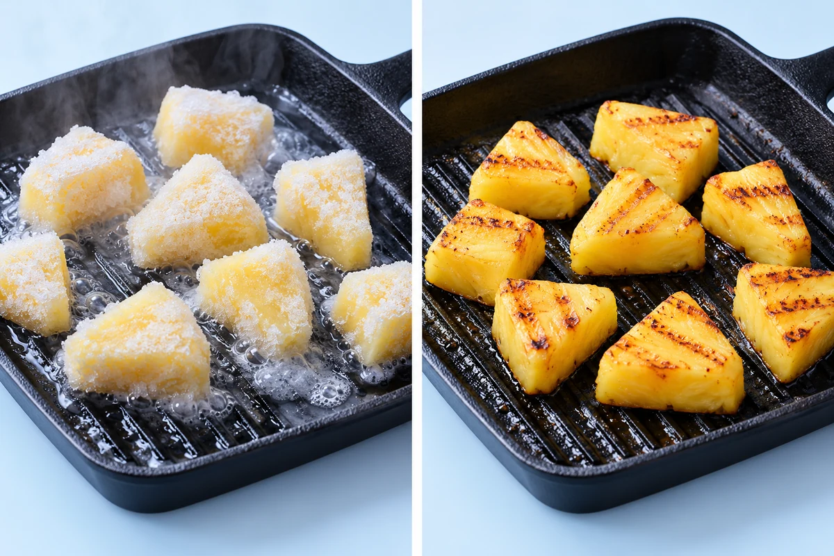 Pineapple grill route moisture comparison Frozen and drained pineapple chunks contact hot grill pans differently