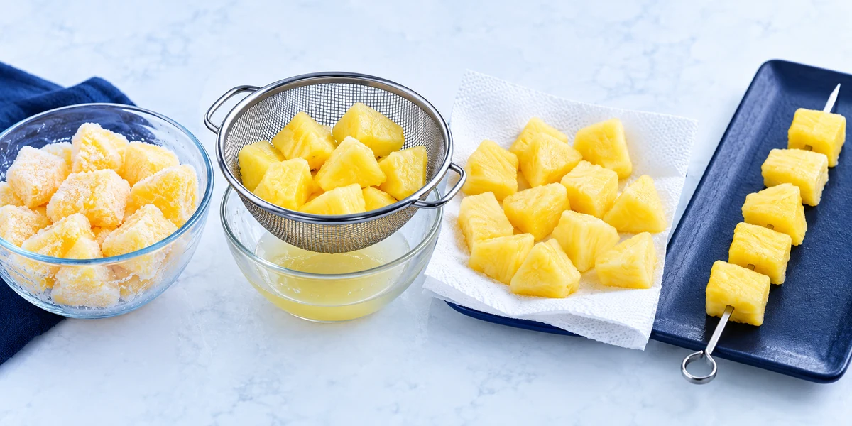 Thaw and drain pineapple before grilling Pineapple chunks progress from frozen to drained and skewered