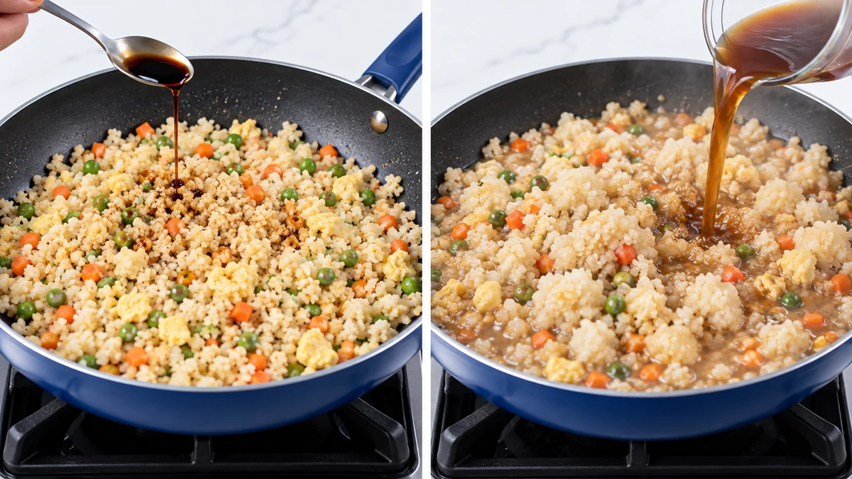 Late versus early sauce in cauliflower fried rice Loose cauliflower granules beside a small sauce addition versus wet clumps