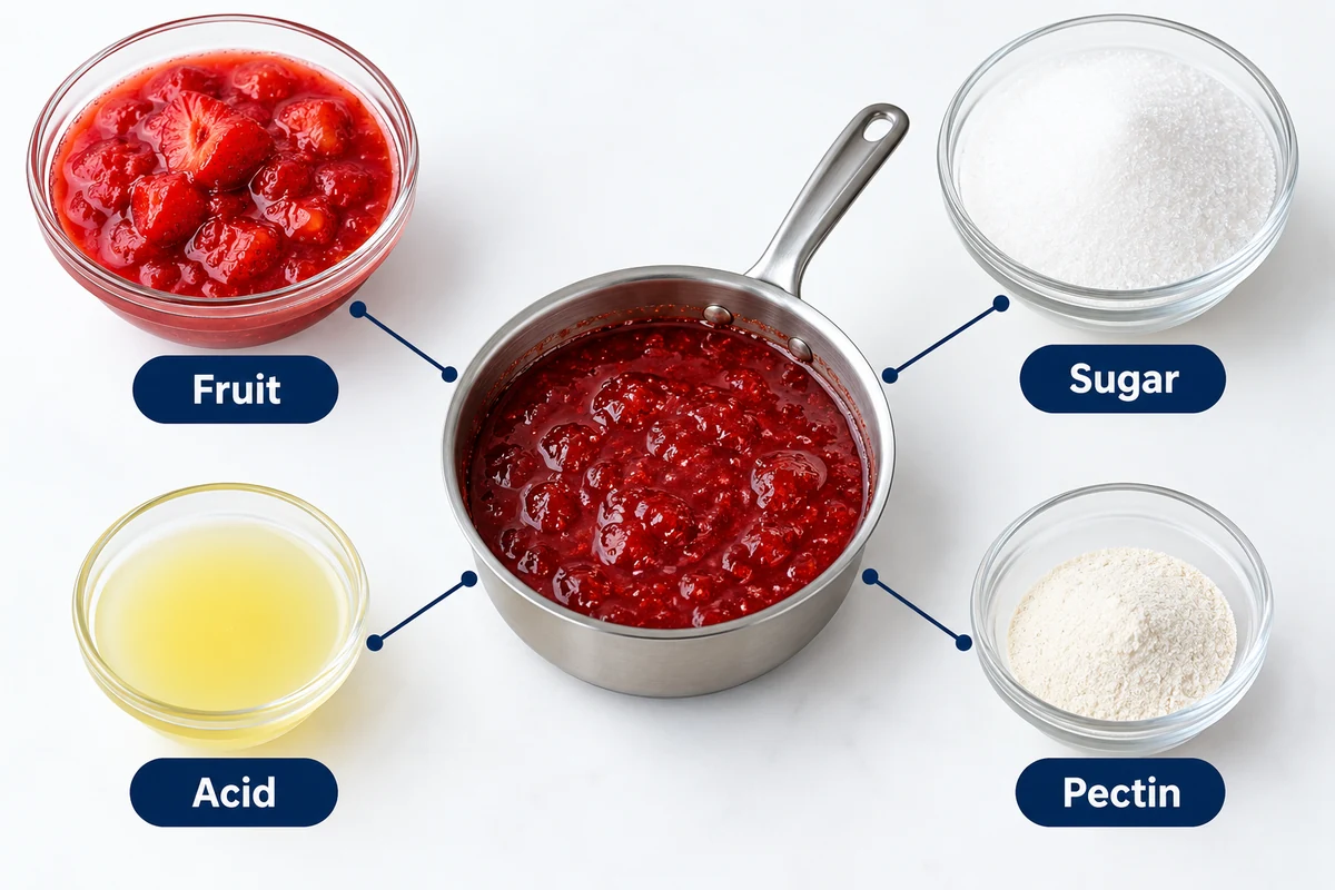 Conceptual illustration of fruit, pectin, sugar and acid as distinct recipe inputs.