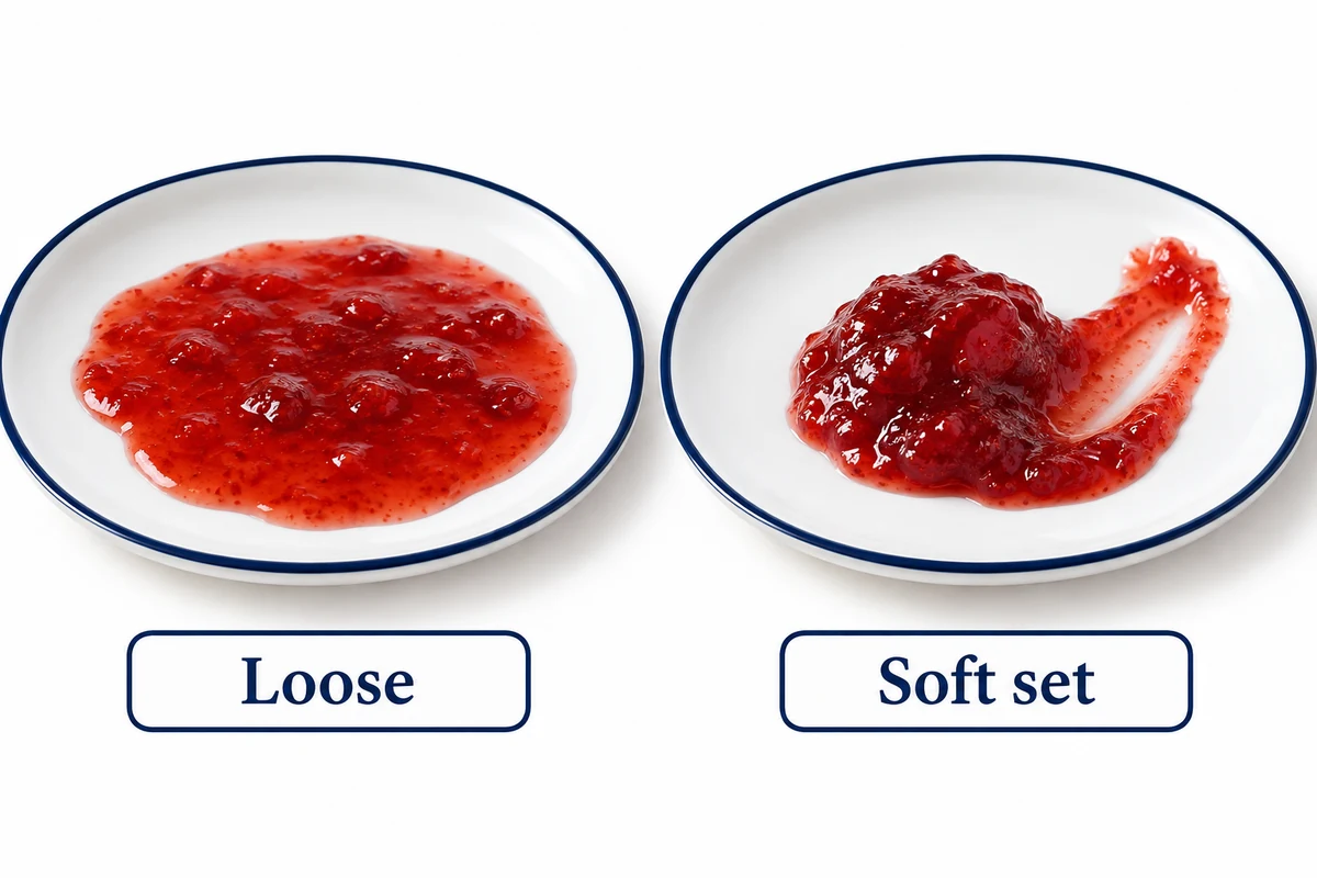 Conceptual illustration of spoon or plate observation of loose versus set jam.