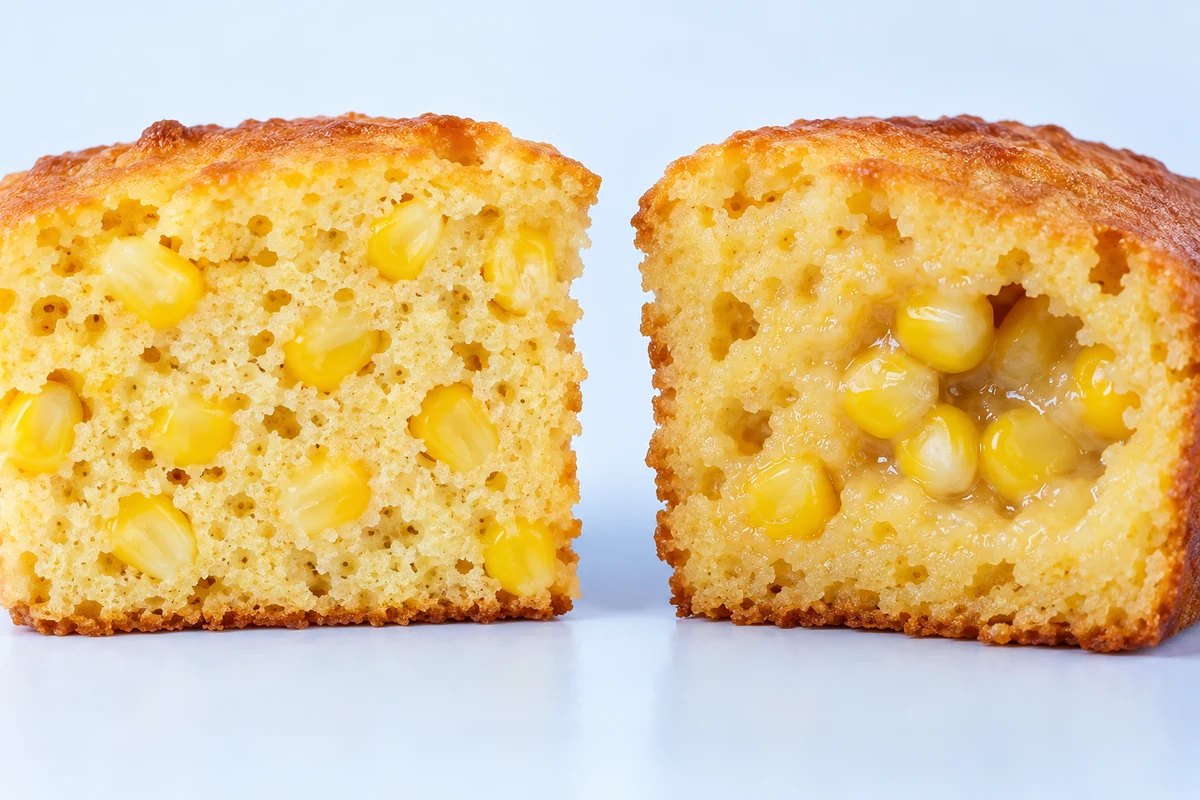 How free liquid appears in cornbread crumb Cornbread slices reveal even crumb and a wet pocket around kernels