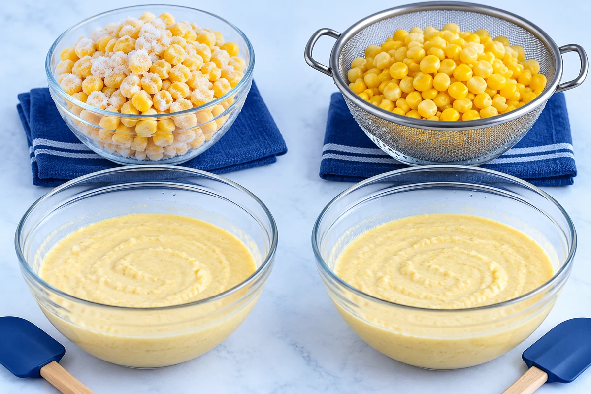 Two kernel states before cornbread mixing Frozen corn and thawed drained corn above equal cornbread batters
