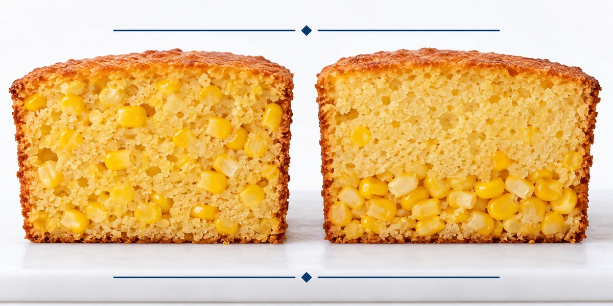 Checking kernels through a baked cornbread slice Cornbread slices compare even kernel distribution with kernels settled low