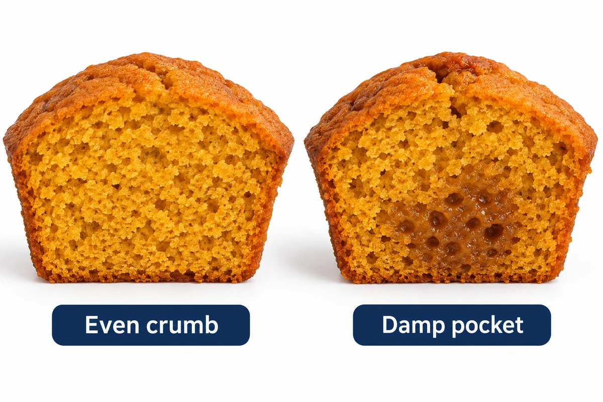 Cut muffins with even and damp dense crumb teaching comparison Conceptual illustration of cut muffins with even and damp dense crumb.