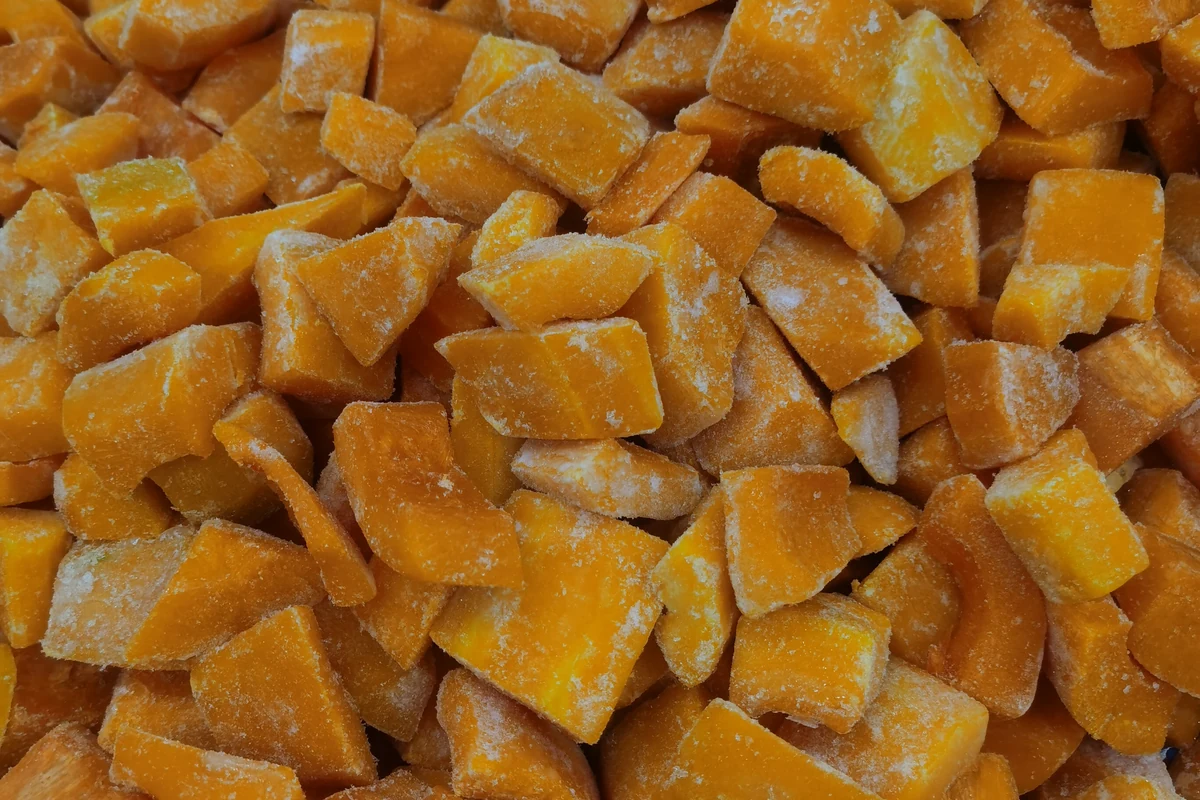 Pumpkin cut and piece-size comparison Close-up of distinct frozen pumpkin pieces