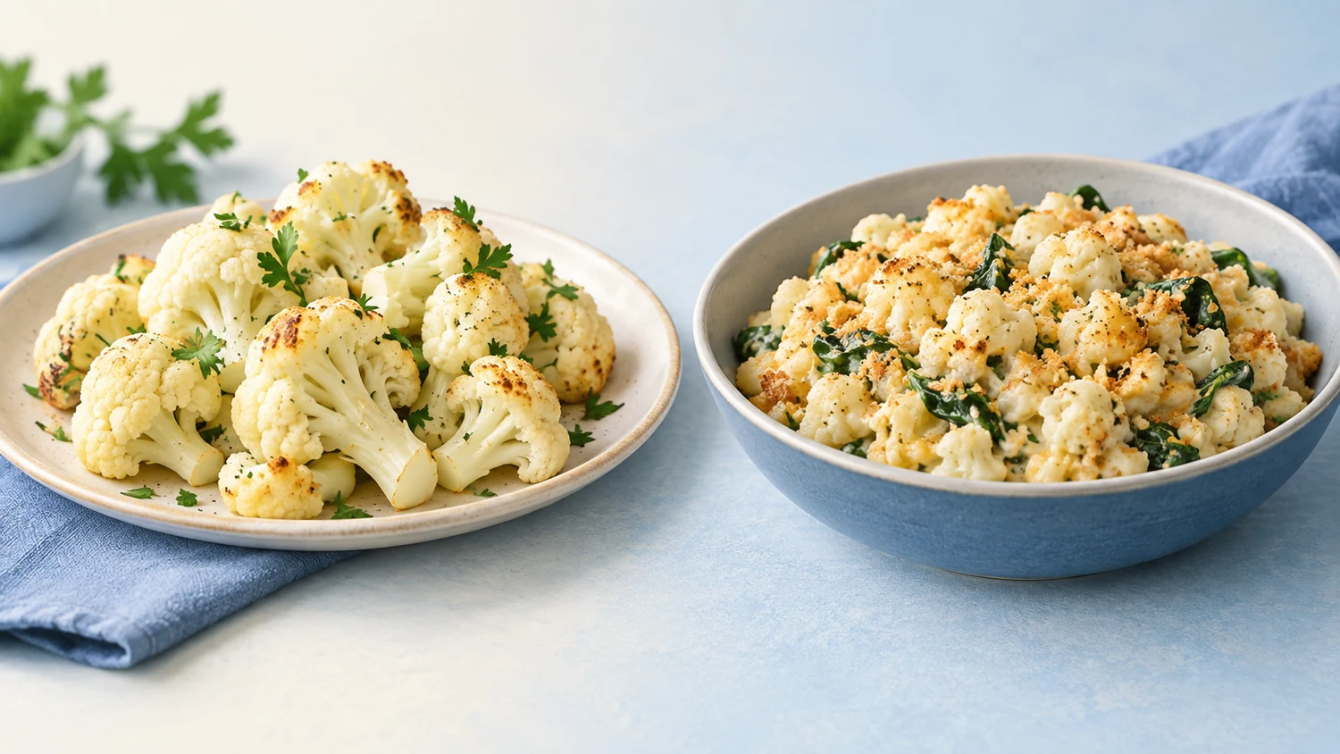 Cauliflower form depends on the dish Conceptual cauliflower serving choices: whole florets on a side plate and smaller cuts in a mixed dish