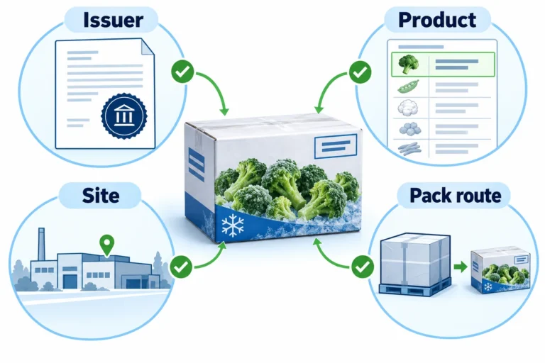 Caja conceptual de brócoli congelado vinculada a pruebas del emisor, producto, centro y vía de envasado