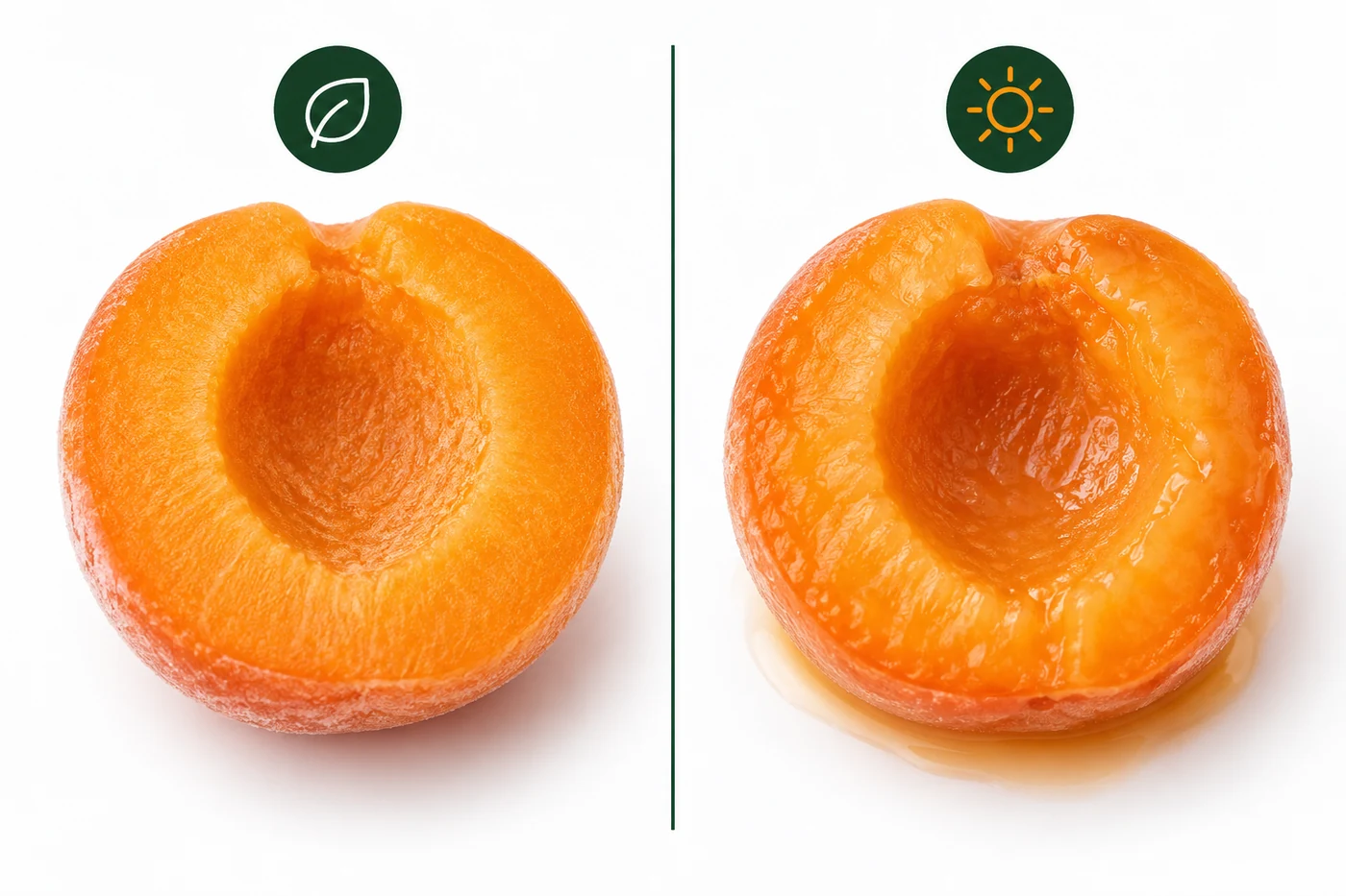 Conceptual apricot maturity comparison Conceptual same-cut apricot halves compare firmer flesh with softer juicier flesh after thaw