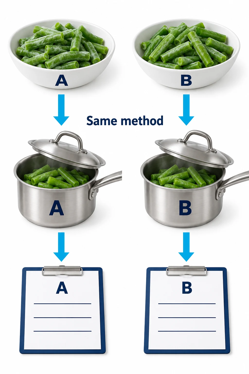 Preserve sample identity through comparable assessment Illustrative A and B bean samples follow separate matching preparation paths into identified observation records