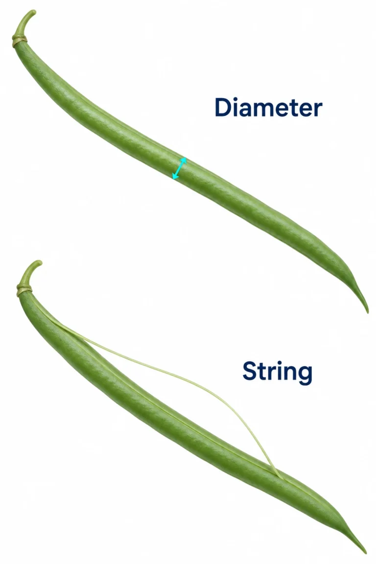 Illustrative slender round green beans show a transverse diameter arrow and a thin string lifted along the pod seam