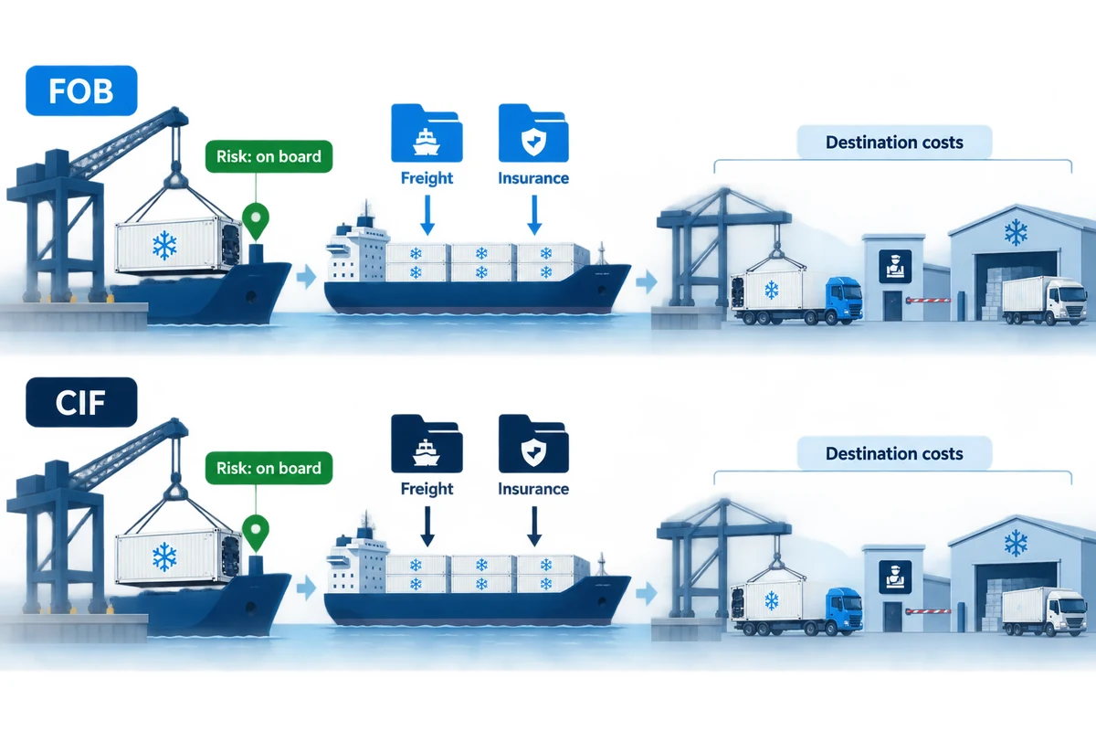 Two conceptual reefer routes from origin vessel loading to destination port under FOB and CIF
