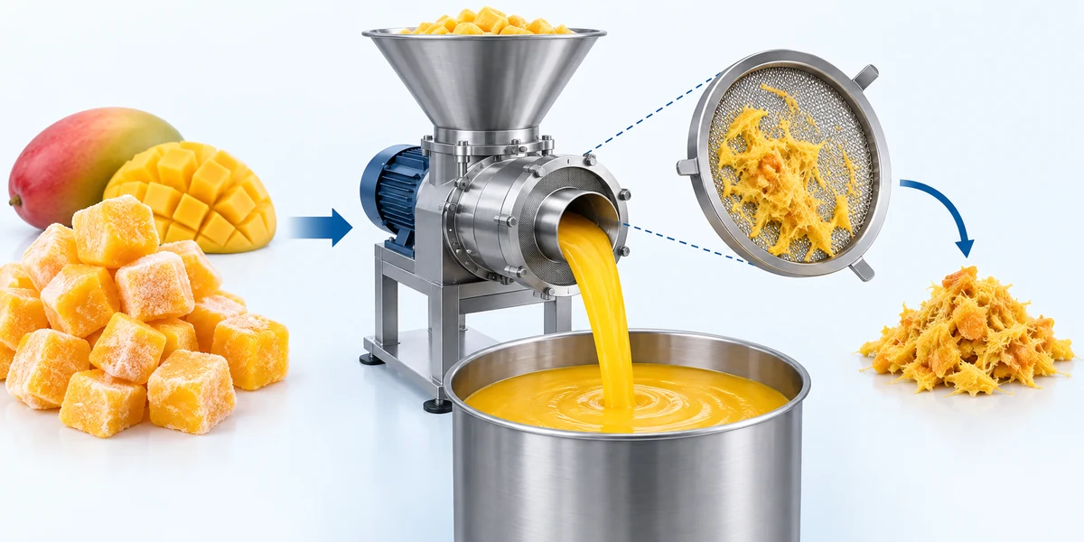 Minh họa xoài khối IQF, máy nghiền, phần xoài qua rây và xơ giữ lại