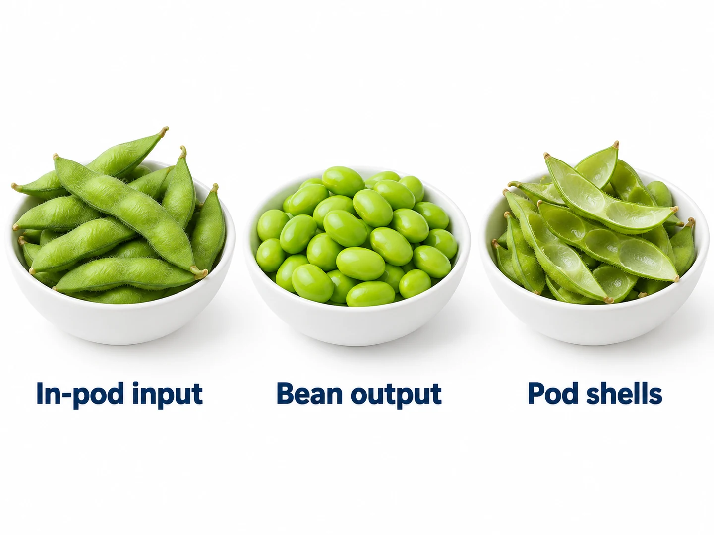 Identify the fractions in a defined yield trial Separate bowls of in-pod edamame, shelled beans and empty pod shells