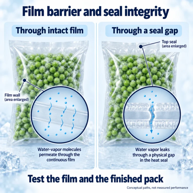 Deux sachets comparables de petits pois surgelés montrent en gros plan un film continu et un défaut de soudure supérieure, voies conceptuelles de vapeur d’eau