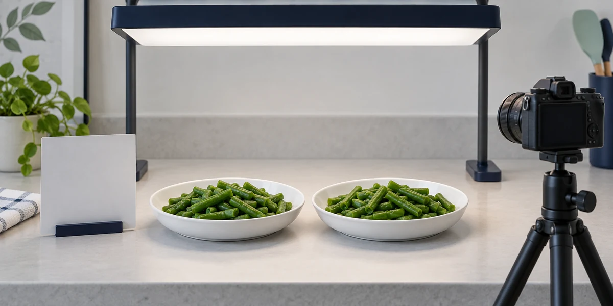 Configuración constante para observar el color de judías verdes Platos equivalentes de judías verdes bajo la misma luz difusa junto a una tarjeta de referencia en blanco y una cámara