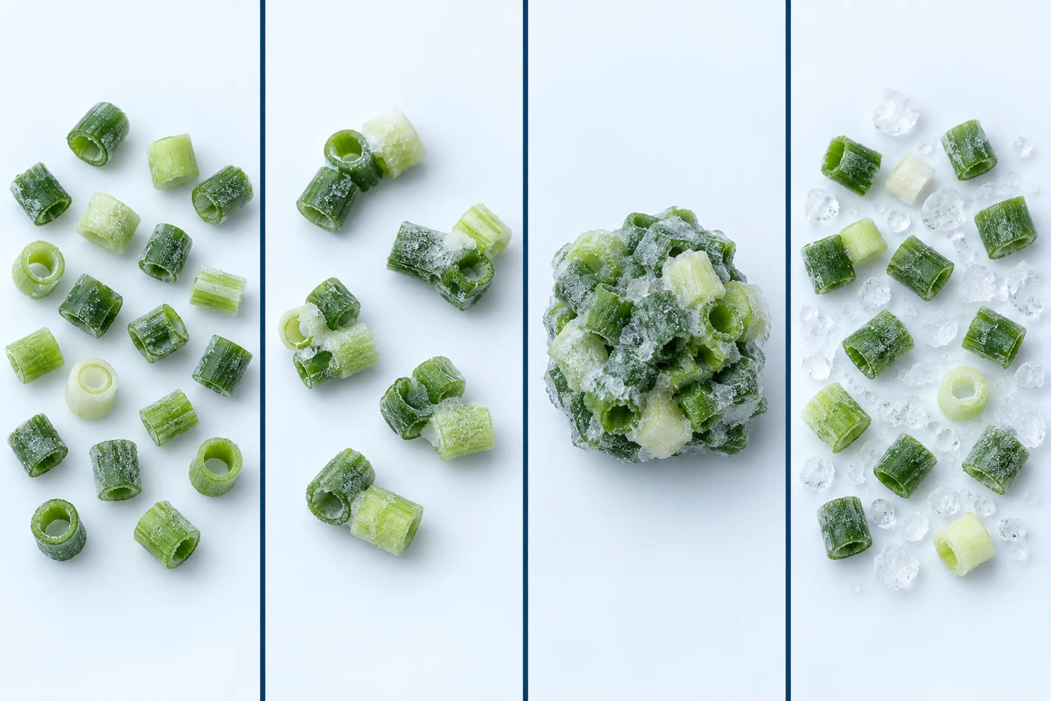 Four frozen green onion states compared Conceptual four-panel comparison of loose green onion pieces, light contacts, a fused clump and loose ice