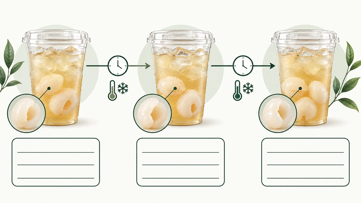 Ilustración del mantenimiento en frío de una bebida de fruta Cronología conceptual de una bebida fría de lichi con tres puntos y fichas de observación en blanco