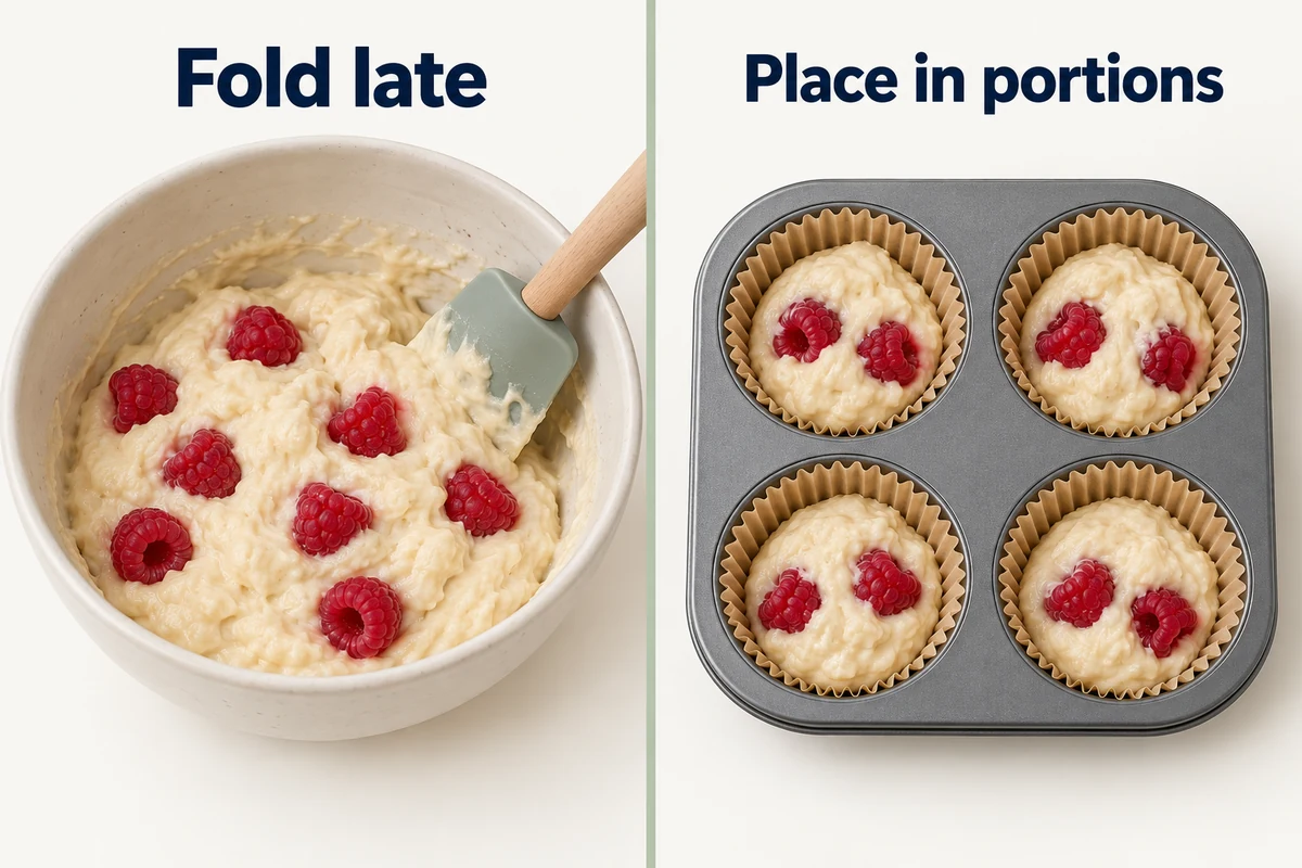 Conceptual alternatives show raspberries folded late into batter or placed into individual unbaked muffin portions