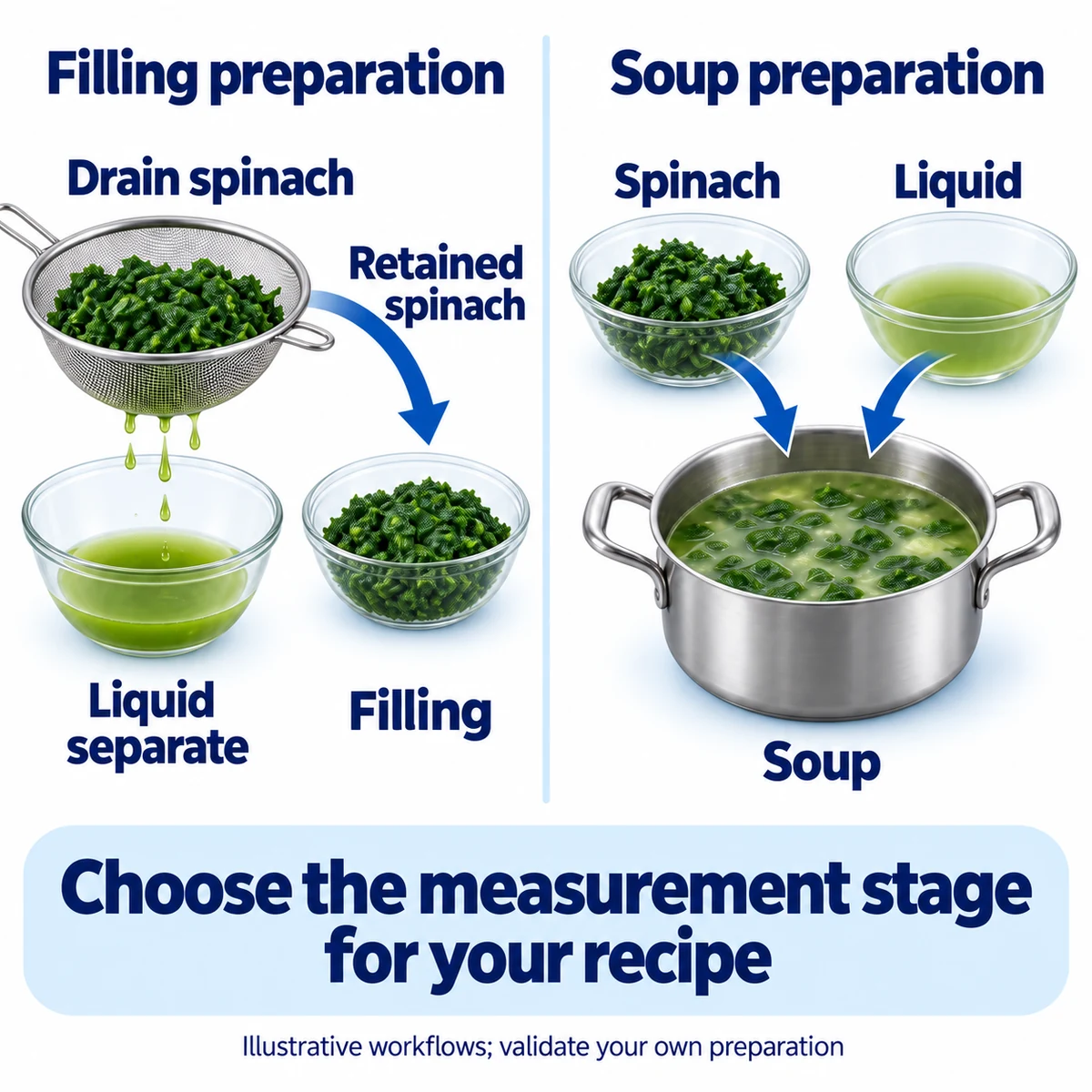 Choose a weighing stage that matches the recipe Illustrative spinach filling workflow separating drained liquid beside a soup workflow incorporating spinach and liquid together