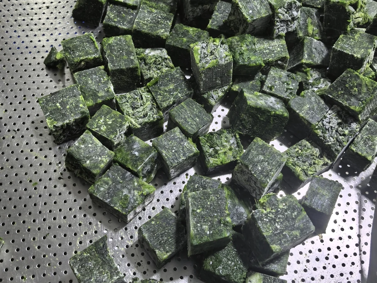 Kenali bentuk porsi bayam beku Blok porsi bayam beku pada permukaan logam berlubang
