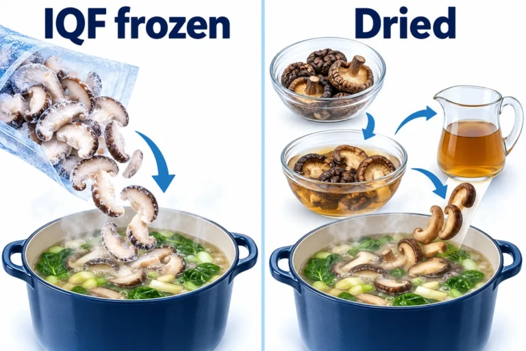 Conceptual frozen shiitake slices enter soup directly while dried caps are soaked and the liquid is kept separate