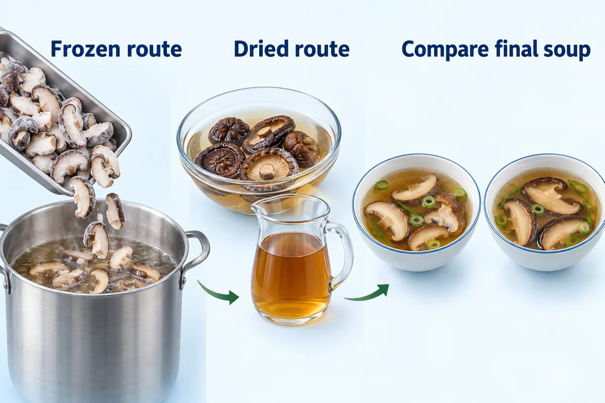 Vías conceptuales de shiitake congelado y seco conducen a dos cuencos comparables de sopa terminada con líquido de remojo mostrado por separado