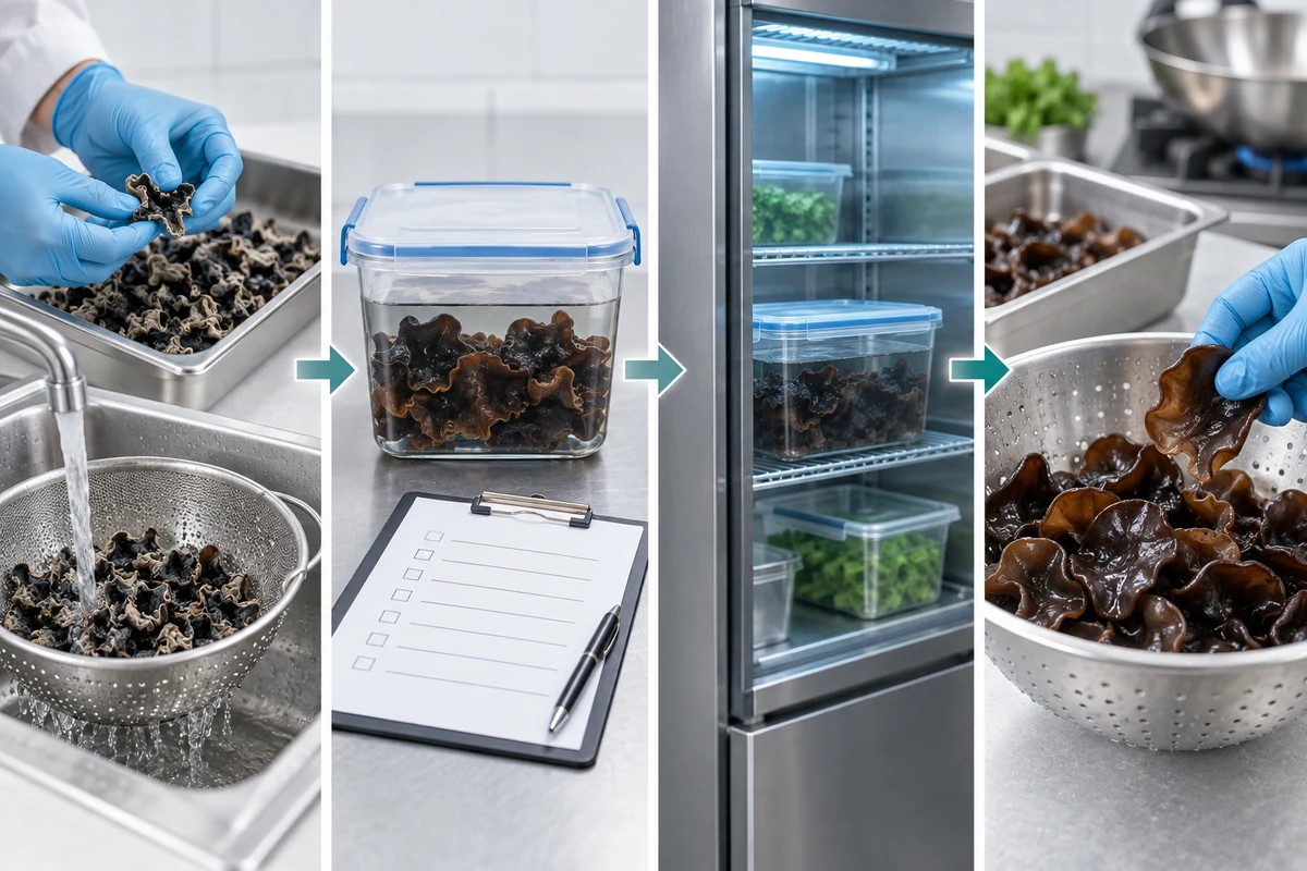 Conceptual dried wood ear soaking workflow with rinse, clean container, time-temperature log, refrigeration and draining