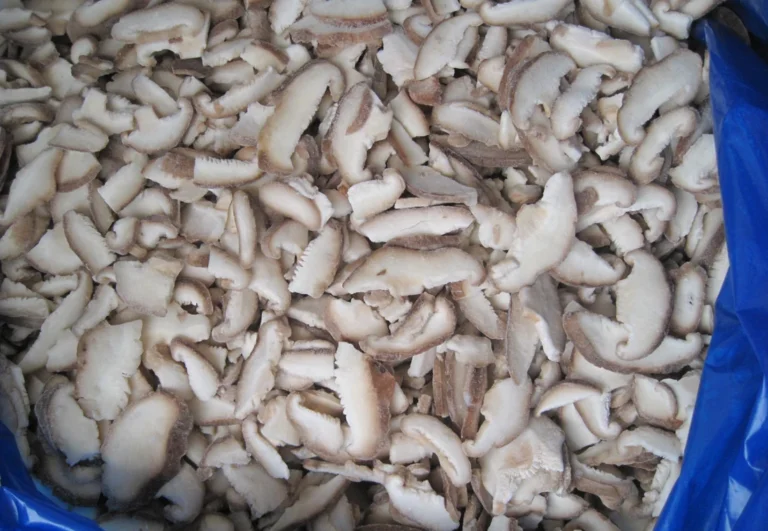 Rodajas de shiitake con escarcha en una bolsa interior a granel sin marca