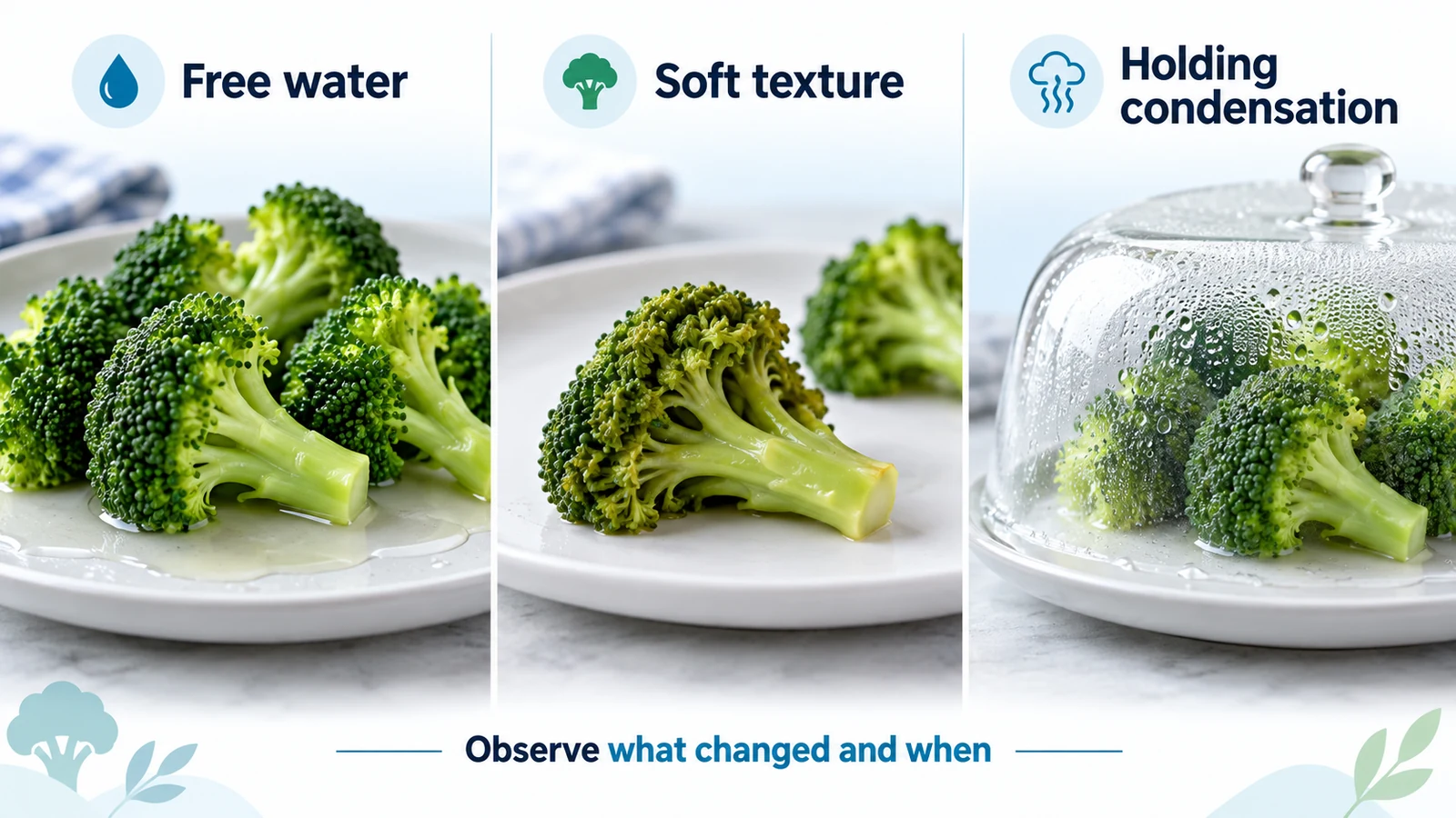 Three different watery-broccoli observations Conceptual broccoli serving scenes distinguishing free water, soft texture, and condensation during holding