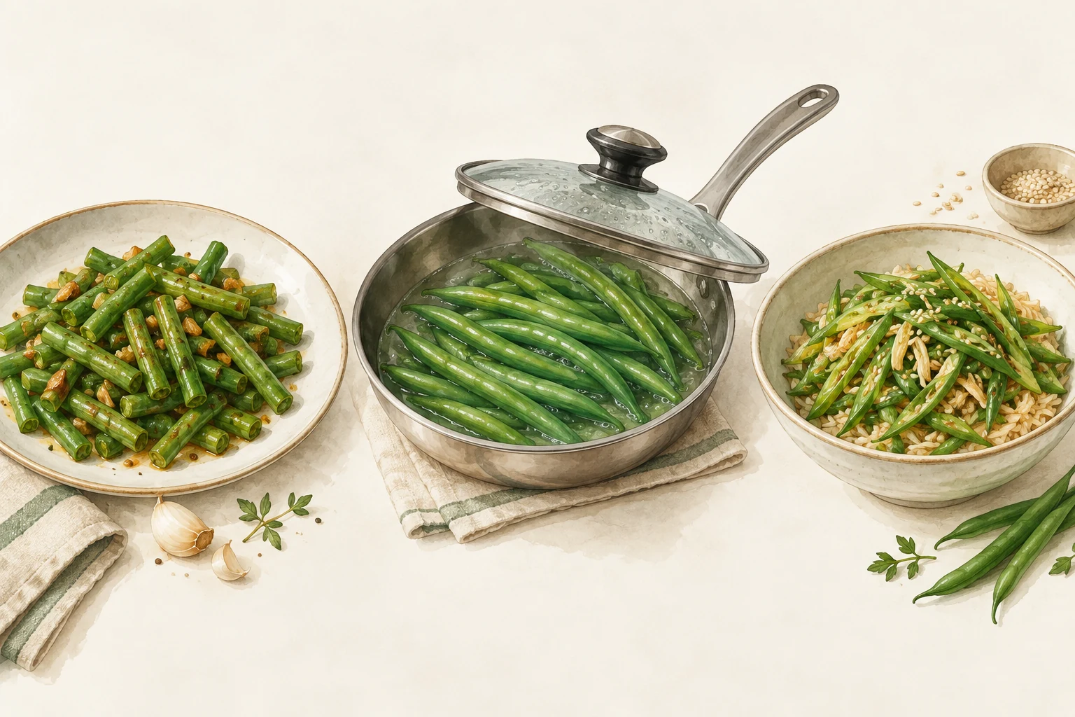 Green-bean cooking goals in three dishes Illustrated green beans as a plated side, in a covered pan, and in a composed rice dish