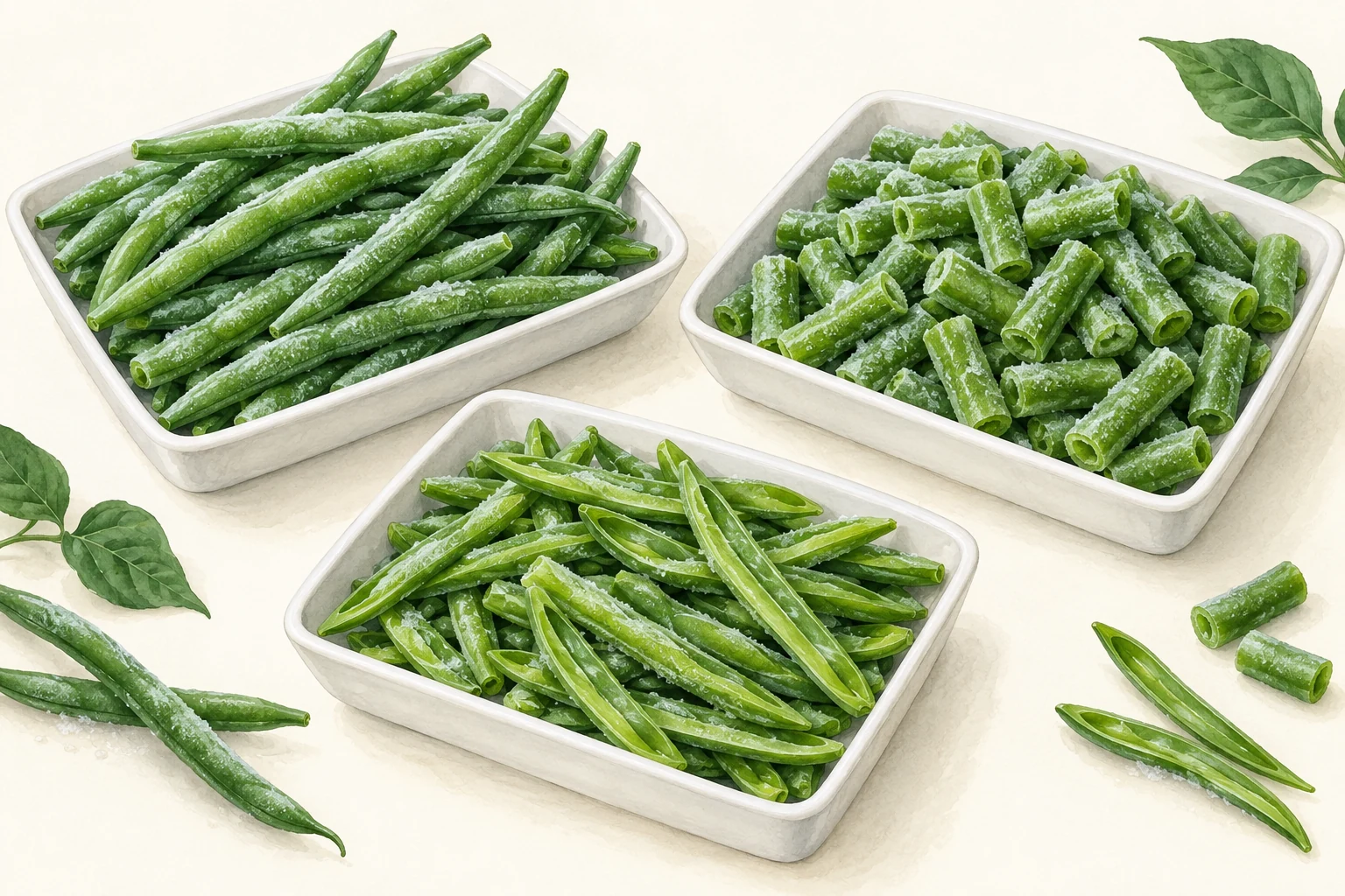 Whole and cut frozen green-bean forms Three white dishes showing whole frozen green beans, short cross-cut pieces and lengthwise-cut pieces