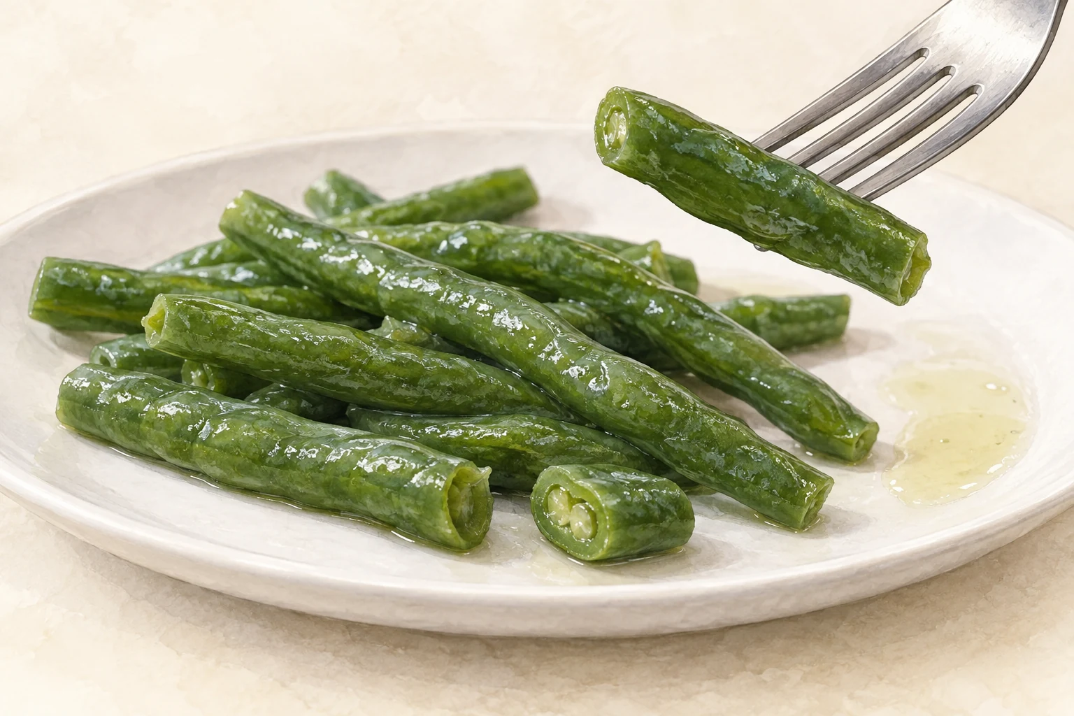 Green-bean bite and moisture at service Cooked cut green beans on a white plate with a fork, visible cut end and small pool of liquid