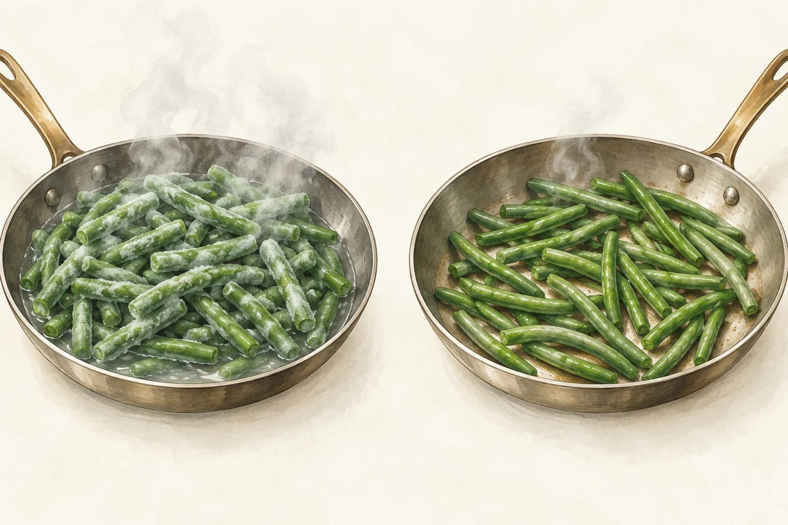 Skillet loading and released water Two illustrated skillets with crowded beans and pooled water on one side and a shallow bean layer on the other