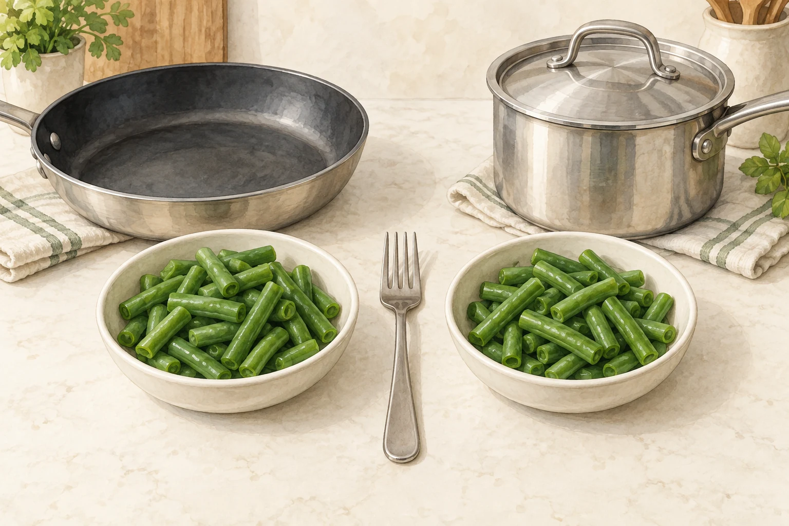 Two-route green-bean kitchen comparison Two equal bowls of cut green beans beside a skillet and a covered pan with a tasting fork between