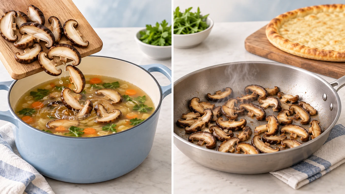 Choose where the released mushroom liquid goes Conceptual panels contrast mushrooms retained in soup with mushrooms cooked separately for a drier base