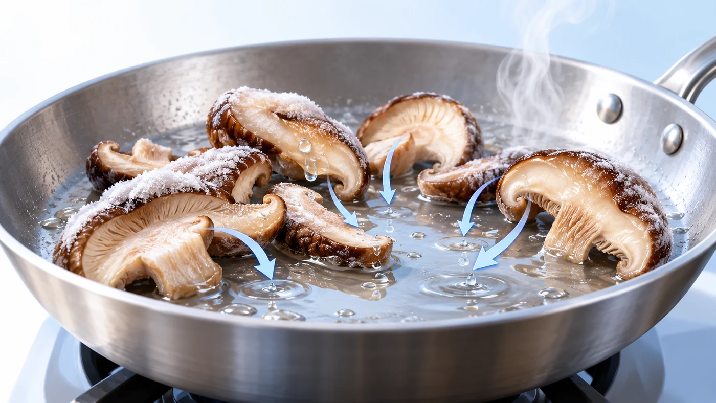 How liquid collects as frozen mushrooms warm Illustrated shiitake pieces release liquid into a pan as heat and steam rise