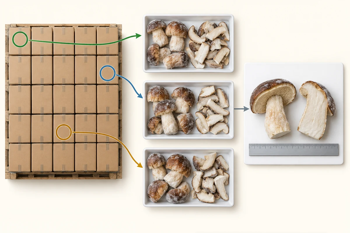 Porcini carton sampling and cut-surface inspection Conceptual sampling sequence across cartons followed by whole-piece and cut-surface checks