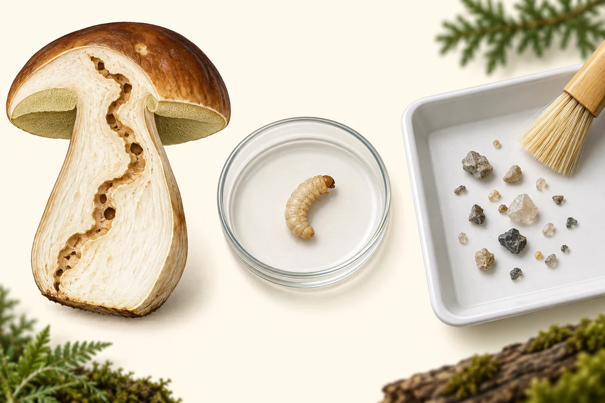 Three different porcini inspection observations Conceptual close-ups distinguishing an insect gallery, visible insect material and mineral grit in porcini