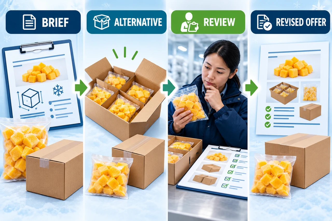 Review a frozen food quote exception Illustrative brief, alternate mango pack, buyer review and revised quotation shown in sequence
