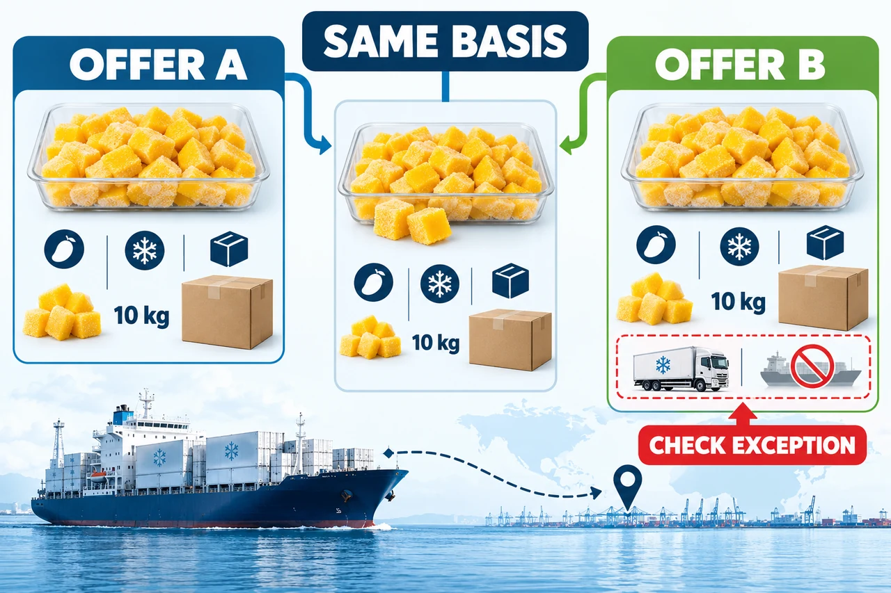 Same-basis frozen food quote comparison Illustrative frozen mango brief feeding two supplier offers with a marked delivery-scope exception