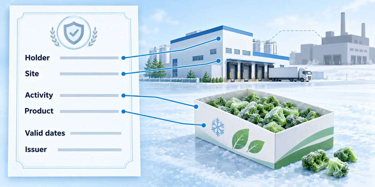 Minh họa phạm vi chủ thể và cơ sở trên chứng chỉ Các trường chứng chỉ minh họa nối với một nhà máy và sản phẩm rau đông lạnh, trong khi cơ sở khác nằm ngoài phạm vi được minh họa