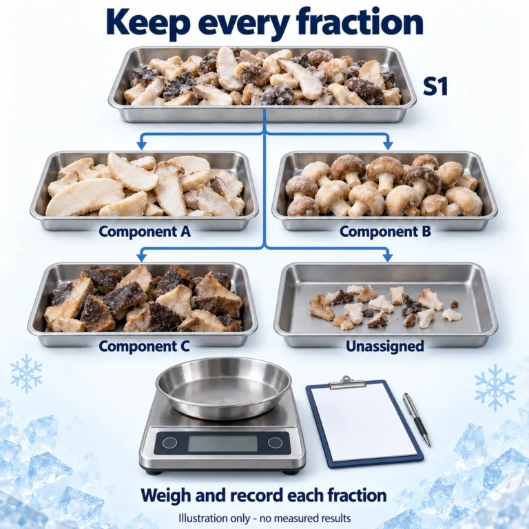 One coded mixed mushroom sample branches into three component trays and a separate unassigned tray beside a balance