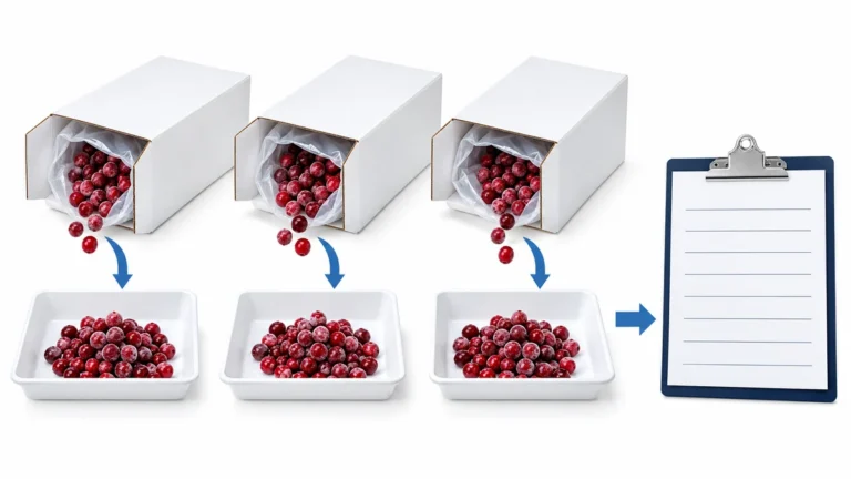 Conceptual sampling from three frozen-lingonberry cartons into separate trays and a blank lot record