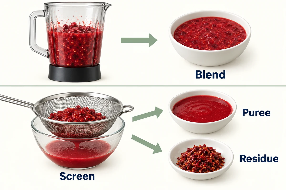 Mezcla de bayas que sigue procesos de trituración o tamizado para obtener puré con textura, puré fino y residuo
