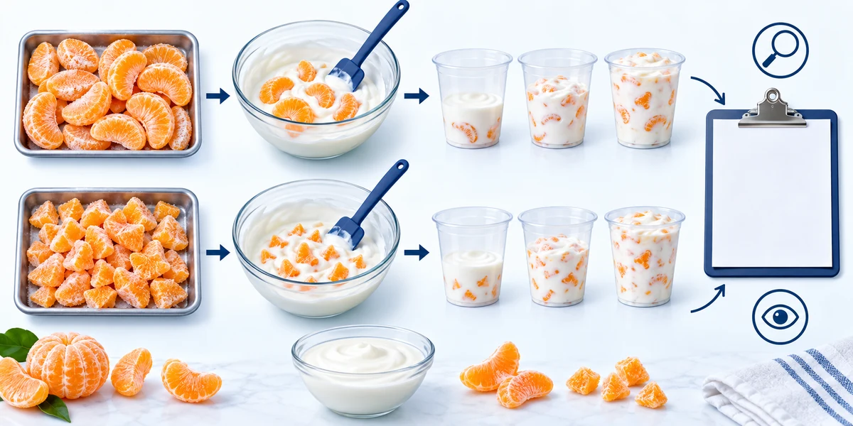 Urutan uji cup yogurt mandarin Ilustrasi sampel mandarin paralel yang dicampur ke yogurt dan diamati dalam cup